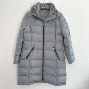 Andrew Marc Puffer Parka Jacket Womens Large Gray Faux Fur Hooded Full Zip